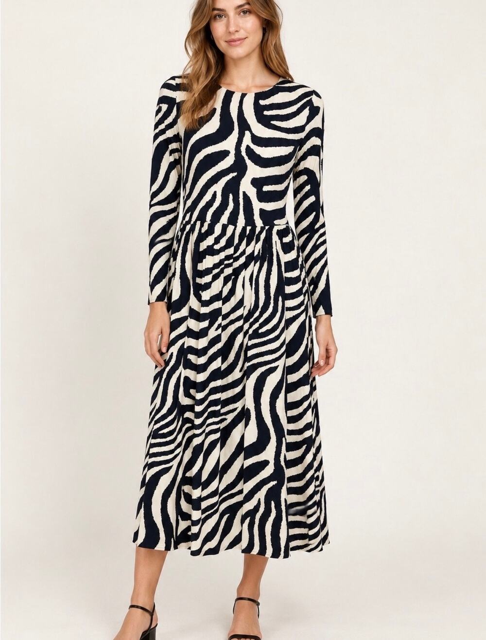 H&M black & cream zebra print viscose midi dress